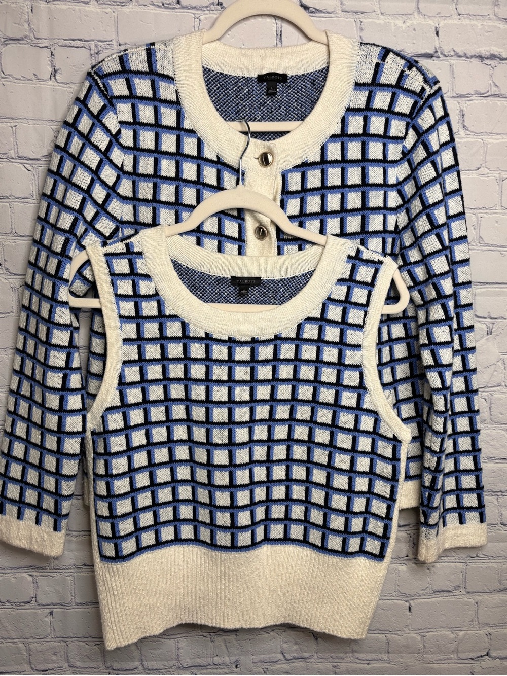Talbots Two Piece Blue Cream Cardigan And Sleeveless Knit Shell Sweater Set M L